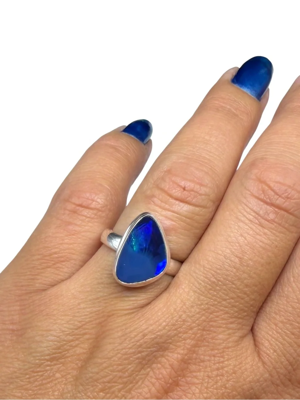 Blue Australian Fire Opal Ring Size 7 Solid 925 Sterling Silver Natural Stone